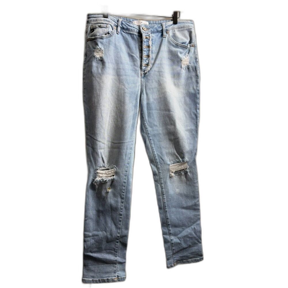 Women's High Rise Distressed Straight Let Button Fly KanCan Mom Jeans Size 31